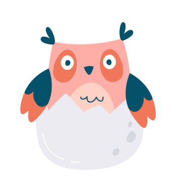 Cute owl hatched from egg flat icon. Vector illustration