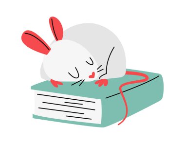 Funny small mouse sleep on book flat icon. Vector illustration