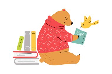 Cute bear read book flat icon. Vector illustration