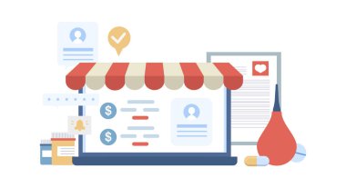 Online pharmacy flat icon Buying medicines by laptop Shopping. Vector illustration