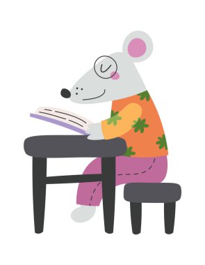 Cute cartoon mouse reading book flat icon School student. Vector illustration