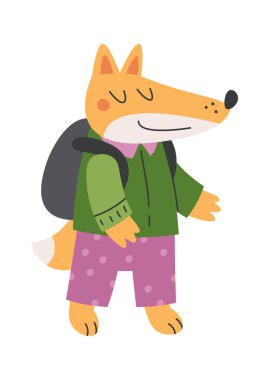 Cute cartoon fox go to school flat icon School student. Vector illustration