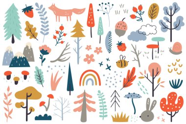 Hand drawn forest doodle elements flat icons set. Colorful trees, wild animals, decorative flowers. Cute bee, bunny and snail. Color isolated illustrations