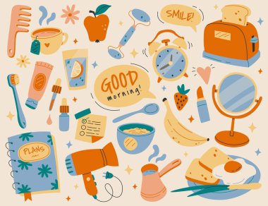 Morning routine elements flat icons set. Tasty and healthy food. Breakfast, wake up with alarm, beauty procedures. Color isolated illustration