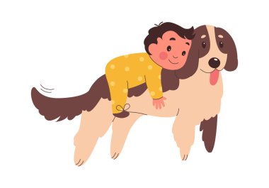 Happy cartoon baby cuddle dog flat icon. Vector illustration