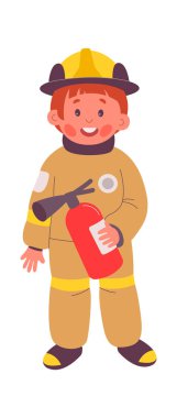Cute child with fire extinguisher flat icon Dangerous profession. Vector illustration