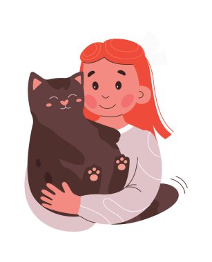 Cute cartoon girl cuddle black cat flat icon. Vector illustration