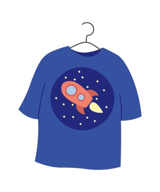 Cute shirt with spaceship on hanger flat icon. Vector illustration