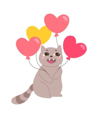 Cute cat with balloons flat icon Birthday celebration. Vector illustration