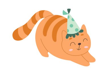 Cute cat in dress flat icon Birthday celebration. Vector illustration