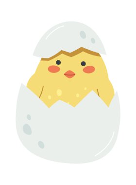 Funny yellow chick in egg flat icon. Vector illustration