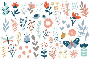 Hand drawn abstract wildflowers flowers and leaves flat icons set. Floral design with ornaments. Spring flowers blossom. Beautiful bouquet. Color isolated illustrations