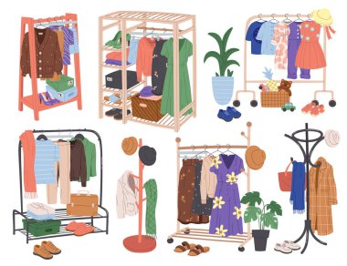 Clothes hanger flat icons set. Trendy summer outfits for children and adult. Wardrobe with dress, warm sweater, skirt and hat on hooks. House decor elements. Color isolated illustrations