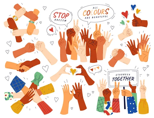 Hands Different Races Flat Icons Set Meeting Equal Rights All — Archivo Imágenes Vectoriales