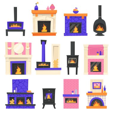 Fireplaces flat icons set. Home interiors. Decorations details. Different variations of fireplaces. Brick wall background, vase with flowers, picture and houseplants. Color isolated illustrations