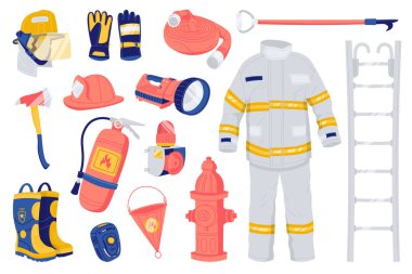 Firefighter gear flat icons set. Fireman professional equipment. Special uniform, fire extinguisher, fire hydrant, flashlight, conical bucket, nozzle, axe and helmet. Color isolated illustrations