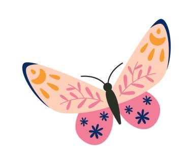 Soyut çiçek desenli düz ikonlu kelebek. Vektör illüstrasyonu