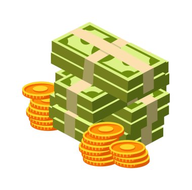 Huge pack money bundle and gold coins flat icon Economy. Vector illustration