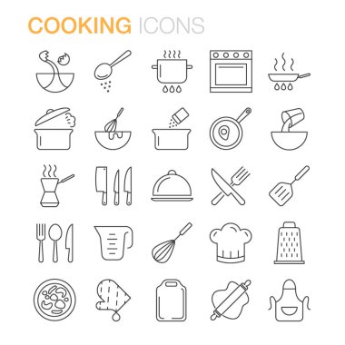 Cooking tools line icons set. Kitchen utensils for food preparation.Kitchen equipment. Knives, steel pan, frying pan, cutting board, fork and spoon. Isolated illustration