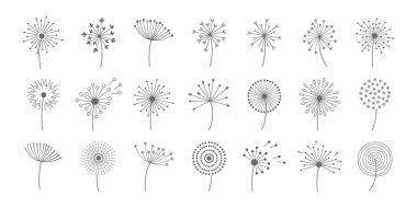 Dandelion fluffy flower flat icons set. Floral design. Summer flowers blossom. Blowball. Beautiful decorative round seed head. Color isolated illustrations