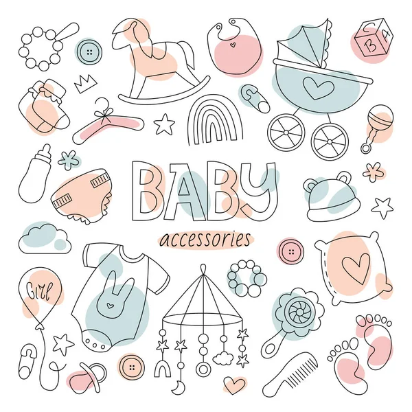 婴儿饰物在行艺术图标设置 用于幼儿发展和教育的产品 时髦的婴儿车和衣服有趣的游戏 玩具块和气球 孤立的色彩插图 — 图库矢量图片