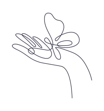 Butterfly on hand in line art Contemporary insect abstract drawing. Vector illustration