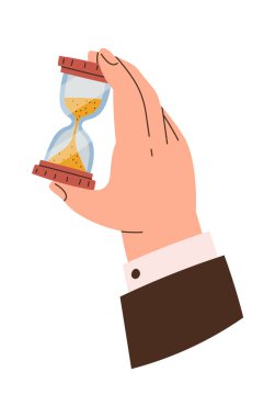 Hand with small sand clock flat icon. Vector illustration