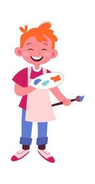 Cute boy with paint palette and brush flat icon. Vector illustration