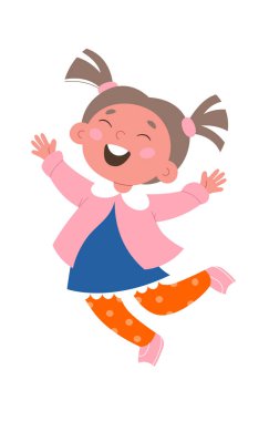 Cute cartoon happy girl jumping flat icon Easter celebration. Vector illustration