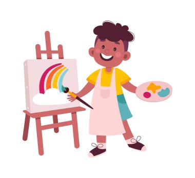Cute boy with paint palette and brush flat icon Draw on easel. Vector illustration