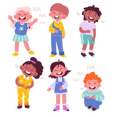 Laughing kids flat icons set. Cute children smiling and holding belt. Funny emotions. Playful kids. Color isolated illustrations