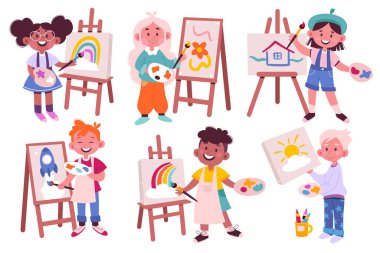 Children draw on easel flat icons set. Cute cartoon kids drawing pictures. Art therapy. Girl and boy with paintbrush, paint palette, artboard. Color isolated illustrations