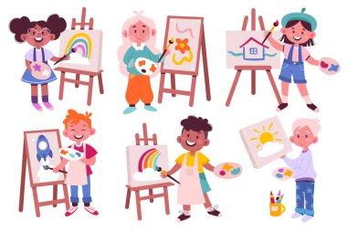 Children draw on easel flat icons set. Cute cartoon kids drawing pictures. Art therapy. Girl and boy with paintbrush, paint palette, artboard. Color isolated illustrations clipart