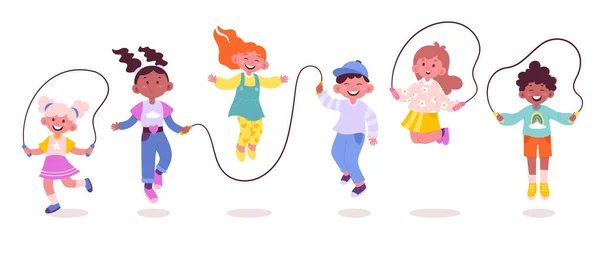 Happy Children Jump Rope Flat Icons Set Leisure Time Boys — Image vectorielle