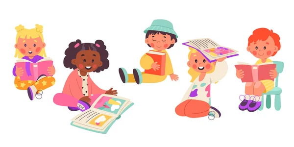 Дети Читают Книги Плоскими Иконками Милые Дети Сидят Смотрят Открытую — стоковый вектор
