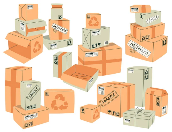 Stacks Cardboard Boxes Flat Icons Set Vector Illustration — Stock Vector