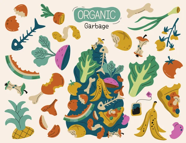 Sortowane Organiczne Ikony Śmieci Płaskie Zestaw Wykorzystanie Odpadów Żywnościowych Skórki — Wektor stockowy