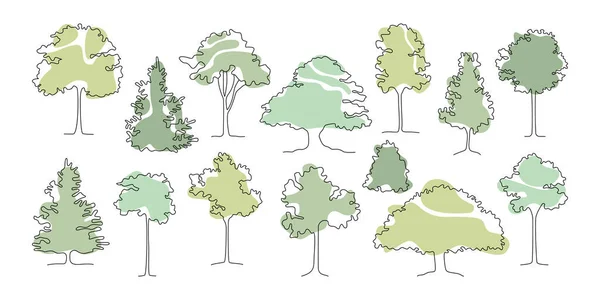 Drawing trees in line art. Hand drawn doodles trees and bushes. Botanical creative painting. Decorative elements. Illustrations with green blot background