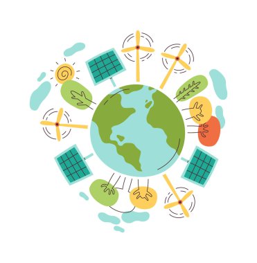 Dünya çevresindeki güneş pili ve yel değirmeni. Vektör illüstrasyonu