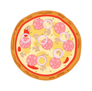 Salam malzemeli ve soğanlı lezzetli pizza. Vektör illüstrasyonu