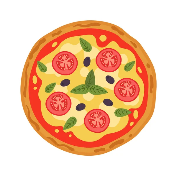 Domates Fesleğenli Lezzetli Pizza Vektör Illüstrasyonu — Stok Vektör