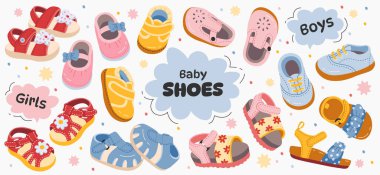 Childrens shoes flat illustrations. Trendy summer sandals for boys and girls and sneakers. Fashionable footwear for kids. Colorful textile with flowers. Color design elements clipart