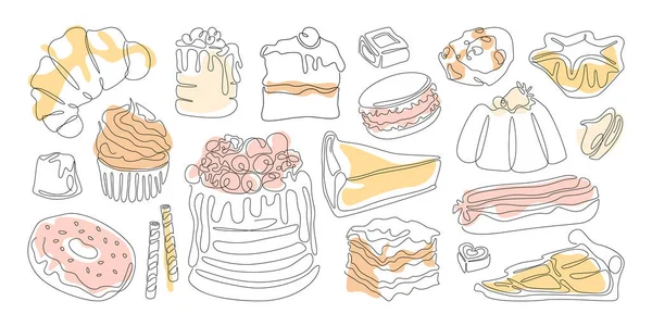 Лінійні Художні Десерти Смачне Тістечко Круасан Пиріг Тістечками Пончик Еклер — стоковий вектор