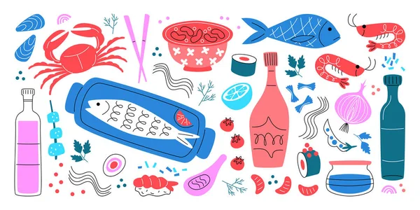 Рука Малював Абстрактні Ілюстрації Морепродуктів Інгредієнт Приготування Азійської Їжі Суші — стоковий вектор