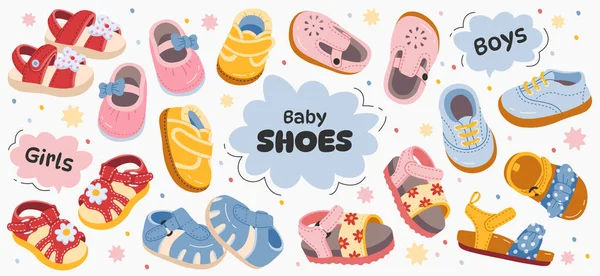 Детская Обувь Плоские Иллюстрации Модные Летние Сандалии Мальчиков Девочек Кроссовок — стоковый вектор