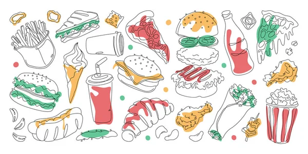 Ručně Kreslené Lineární Rychlého Občerstvení Ilustrace Krajíc Pizzy Croissant Hot — Stockový vektor