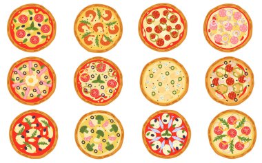İtalyan pizzası düz çizimler. Lezzetli fast food yapmak için gerekli malzemeler. Margarita, duble peynir ve deniz mahsullü pizza tarifleri. Lezzetli yemekler tasarım elementleri