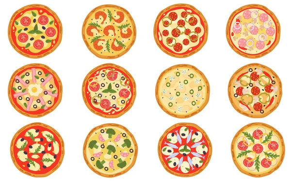 Italiensk Pizza Platta Illustrationer Ingredienser För Att Skapa God Snabbmat — Stock vektor