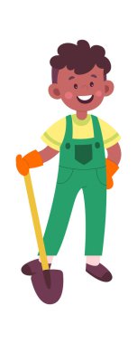 Kürek vektörü düz illüstrasyon bahçeli sevimli çocuk bahçıvanı.