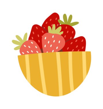Çilekler kase vektör düz illüstrasyon Lezzetli kırmızı çilekler